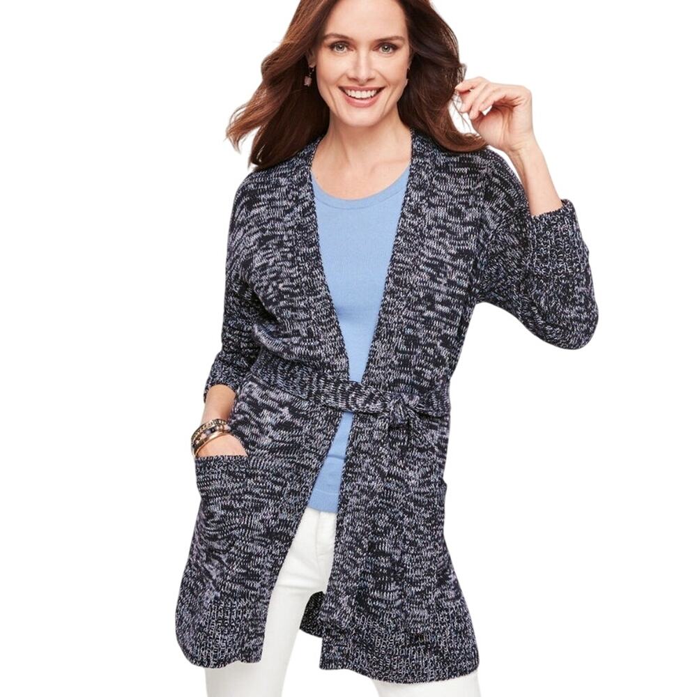 Talbots Heathered Blue Cardigan XL Ribbed Crochet Knit Sash Pockets Heritage NWT